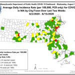 A map showing the average daily number of coronavirus cases in Massachusetts communities from August 2 to 15