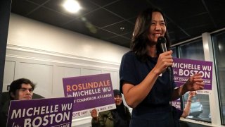 Michelle Wu at an election event in 2019