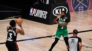 OG Anunoby #3 of the Toronto Raptors shoots the winning basket against the Boston Celtics in Game Three of the Eastern Conference Second Round during the 2020 NBA Playoffs at the Field House at the ESPN Wide World Of Sports Complex on September 03, 2020 in Lake Buena Vista, Florida.