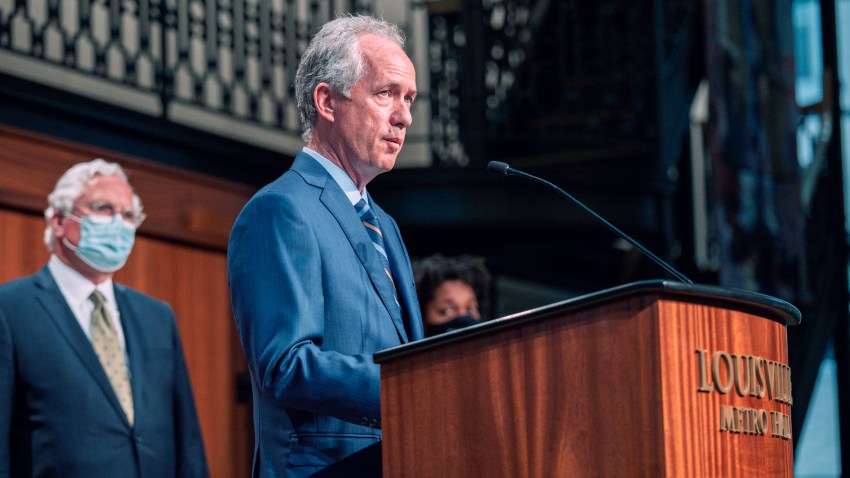 Louisville Mayor Greg Fischer speaks at a press conference at City Hall on September 15, 2020, in Louisville, Kentucky.
