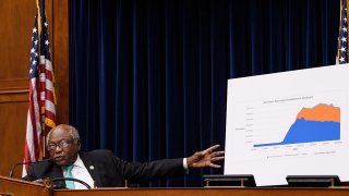 House Select Subcommittee on the Coronavirus Crisis chair Rep. James Clyburn (D-S.C.) points to a chart as U.S. Treasury Secretary Steven Mnuchin testifies before the subcommittee on Capitol Hill in Washington, D.C., Sept. 1, 2020.