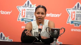 Maya Moore talks to the media after the Verizon WNBA All-Star Game on July 28, 2018, at the Target Center in Minneapolis, Minnesota.