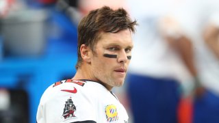 Oct 25, 2020; Paradise, Nevada, USA; Tampa Bay Buccaneers quarterback Tom Brady (12) prior to the game against the Las Vegas Raiders at Allegiant Stadium. Mandatory Credit: Mark J. Rebilas-USA TODAY Sports