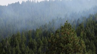 Smoke rises from prescribed burning of log piles, part of the Marshall Woods Restoration Project at the Rattlesnake National Recreation Area in the Lolo National Forest September 19, 2019 in Missoula, Montana.