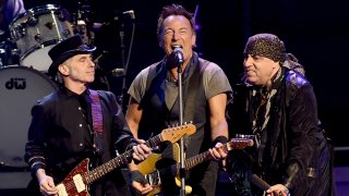 Nils Lofgren, Bruce Springsteen and Stevie Van Zandt perform with Bruce Springsteen and the E Street Band at the Los Angeles Sports Arena