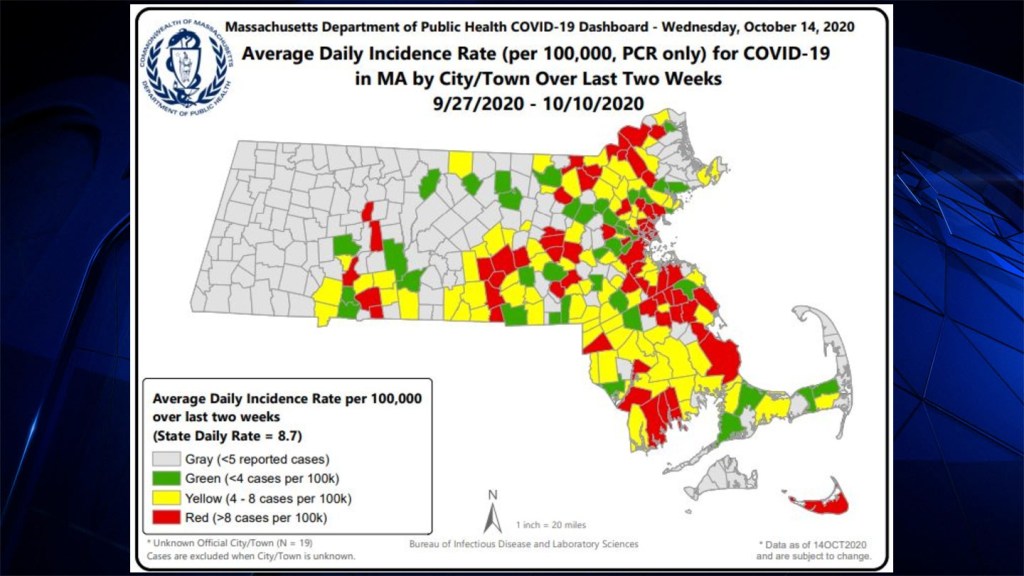 Massachusetts communities in the highest risk level for COVID-19 in the latest map.