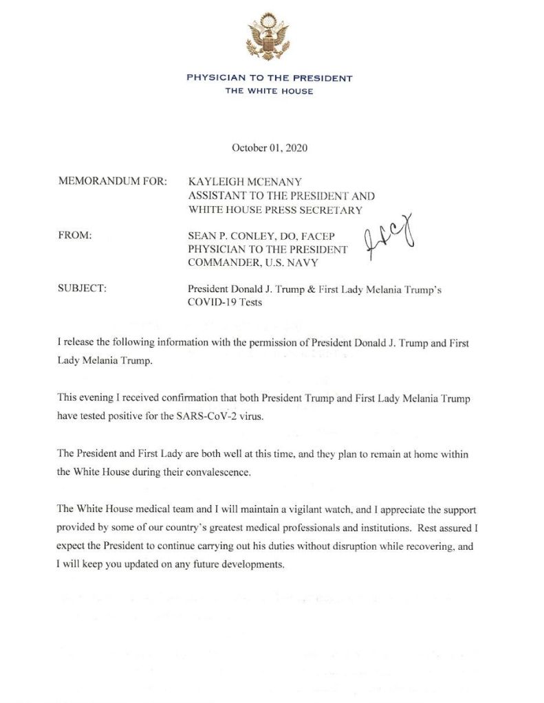 READ THE MEMO: President Trump's Physician on Positive COVID-19 Test 1