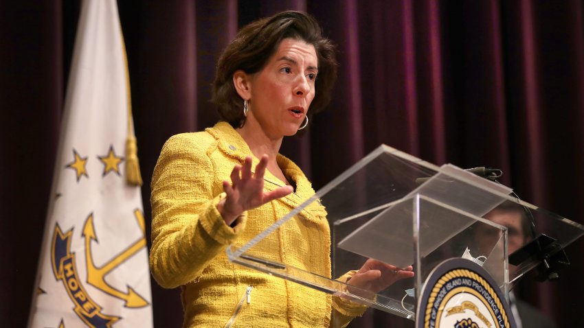 PROVIDENCE, RI – MAY 12: Rhode Island Governor Gina M. Raimondo speaks at a news conference giving a coronavirus update at the Veterans Memorial Auditorium in Providence, RI on May 12, 2020. (Photo by John Tlumacki/The Boston Globe via Getty Images)