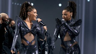 In this image released on November 15, (L-R) Halle Bailey and Chloe Bailey of Chloe X Halle perform onstage for the 2020 E! People's Choice Awards held at the Barker Hangar in Santa Monica, California and on broadcast on Sunday, November 15, 2020.
