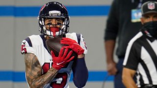 Houston Texans wide receiver Will Fuller catches a 34-yard pass for a touchdown during the second half of an NFL football game against the Detroit Lions, Thursday, Nov. 26, 2020, in Detroit.