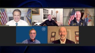 The governors of New York, Connecticut, New Jersey, Rhode Island, Pennsylvania and Delaware on a video call about coronavirus policy.