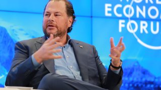 Marc Benioff, CEO of SalesForce speaking the 2018 WEF in Davos, Switzerland.