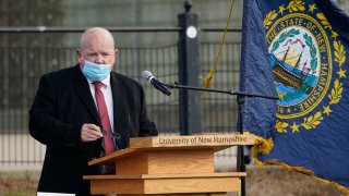 New Hampshire House Speaker Dick Hinch speaks during an outdoor legislative session at the University of New Hampshire in Durham, New Hampshire, Dec. 2, 2020. Hinch died just a week after he was sworn in as leader of the state's newly Republican-led Legislature. He was 71.