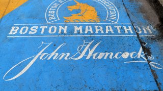 A close-up of the Boston Marathon finish line