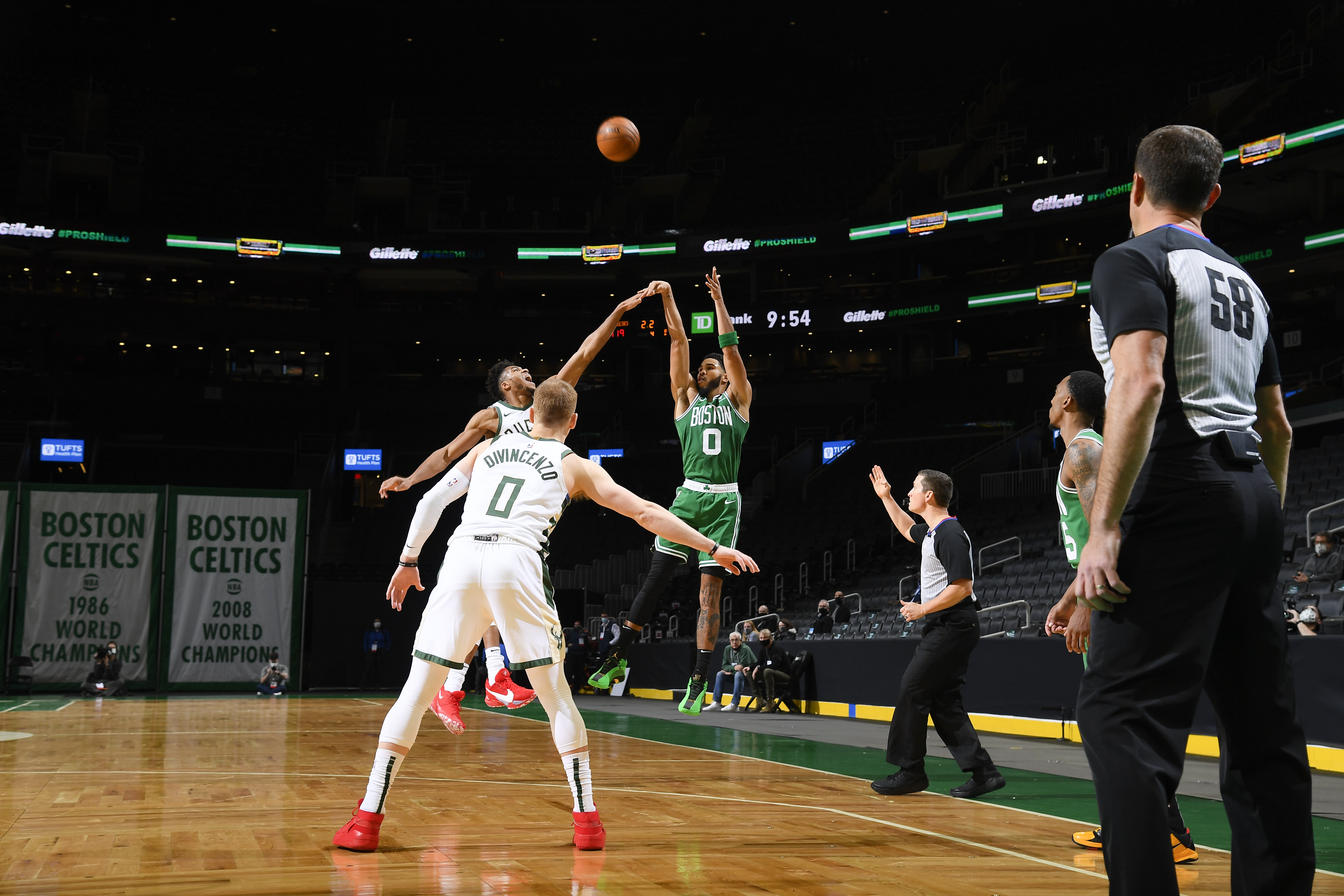Jayson Tatum #0 of the Boston Celtics hits game winning shot during the game against the Milwaukee Bucks on December 23, 2020 at the TD Garden in Boston, Massachusetts.