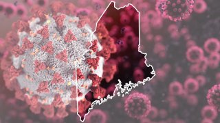 A map of Maine superimposed over a coronavirus graphic