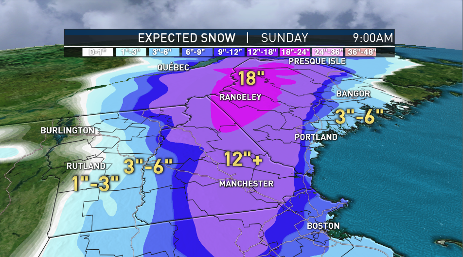Estimated snowfall in total from a nor'easter arriving in New England on a Saturday