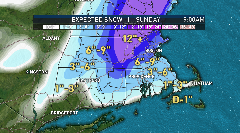 Estimated snowfall totals from a nor'easter arriving in New England on Saturday