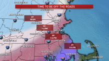 A map showing when to be off the roads in Massachusetts as a nor'easter approaches