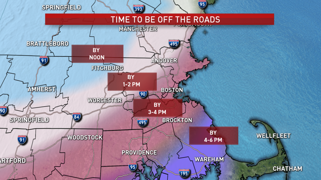 Map showing when to deviate from the roads in Massachusetts as nor'easter approaches
