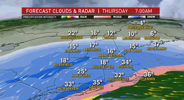 A map showing the expected track of a snowstorm set to hit New England Wednesday and Thursday