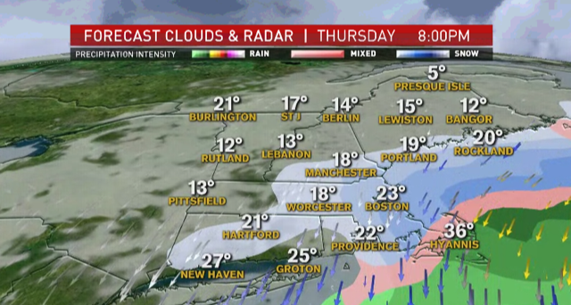 A map showing the expected track of a snowstorm set to hit New England Wednesday and Thursday