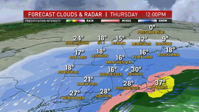 A map showing the expected track of a snowstorm set to hit New England Wednesday and Thursday