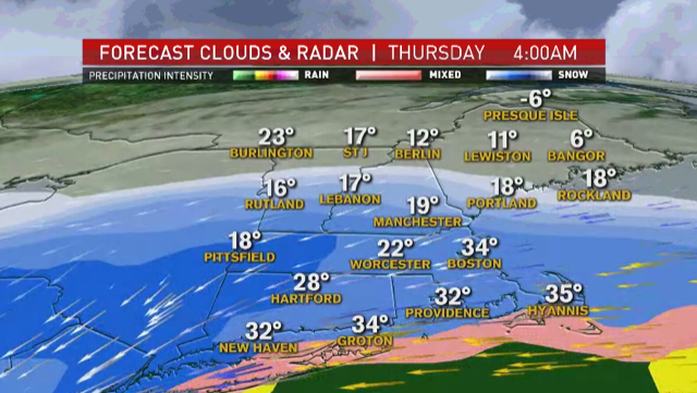 A map showing the expected track of a snowstorm set to hit New England Wednesday and Thursday