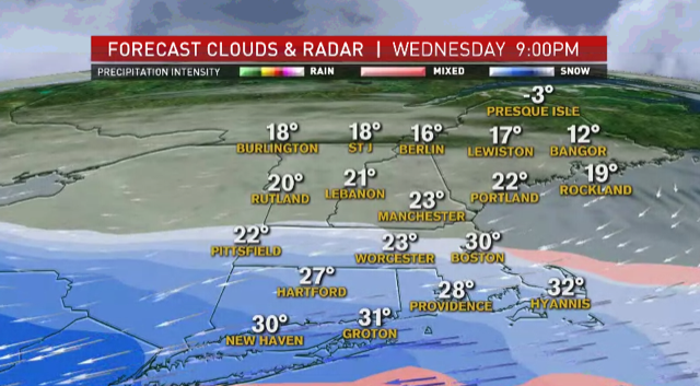 A map showing the expected track of a snowstorm set to hit New England Wednesday and Thursday