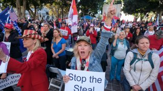 Supporters of US President Donald Trump protest in Los Angeles, California, on January 6, 2021.