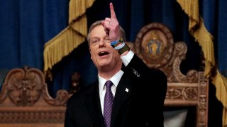Massachusetts Gov. Charlie Baker delivers his annual State of the Commonwealth address in the House Chamber in the Massachusetts State House in Boston