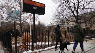 Residents walk dogs outside of Pritzker Elementary School