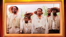 BEVERLY HILLS, CA - JANUARY 16:  A giant screen shows "12 Years A Slave" as the Oscar nominee for Best Adapted Screenplay at the 86th Academy Awards Nominations Announcement at AMPAS Samuel Goldwyn Theater on January 16, 2014 in Beverly Hills, California.  (Photo by Allen Berezovsky/WireImage)