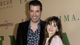 In this Feb. 18, 2020, file photo, Zooey Deschanel and Jonathan Scott attend the Los Angeles premiere of Focus Features' "Emma" held at DGA Theater in Los Angeles, California.