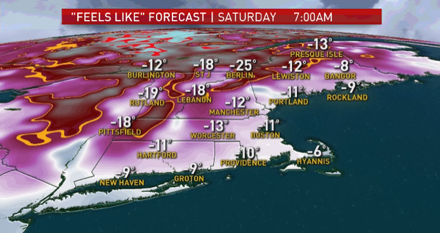 A map showing "feels like" temperatures in New England on Saturday, Jan. 30, 2021