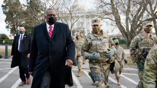 Secretary of Defense Lloyd Austin visits National Guard troops deployed at the U.S. Capitol and its perimeter on January 29, 2021 on Capitol Hill in Washington, DC.