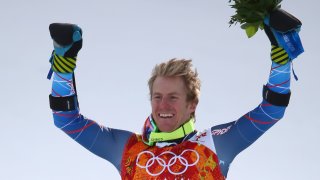 Gold medalist Ted Ligety of USA stands on the podium during the flower ceremony of the Men's Giant Slalom Alpine Skiing event in Rosa Khutor Alpine Center at the Sochi 2014 Olympic Games, Krasnaya Polyana, Russia, 19 February 2014.