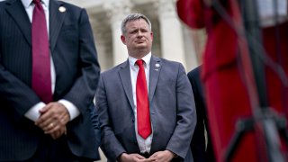 Jason Ravnsborg, South Dakota attorney general, listens during a news conference outside the Supreme Court in Washington, D.C., U.S., on Monday, Sept. 9, 2019.