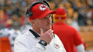 In this Dec. 21, 2014, file photo, quality control coach Britt Reid of the Kansas City Chiefs looks on from the sideline before a game against the Pittsburgh Steelers at Heinz Field in Pittsburgh, Pennsylvania.