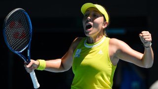 United States' Jessica Pegula celebrates after defeating Ukraine's Elina Svitolina in their fourth round match at the Australian Open tennis championship in Melbourne, Australia, Monday, Feb. 15, 2021.