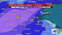 Expected snowfall totals across Boston, Massachusetts, from a winter storm hitting Monday and Tuesday.