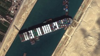 Imagery of the Ever Given in the Suez Canal captured by the company’s WorldView-3 satellite on Saturday, March 27, 2021.