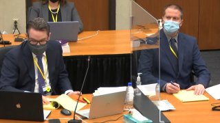 In this image from video, defense attorney Eric Nelson, left, and former Minneapolis police officer Derek Chauvin, right, listen as Assistant Minnesota Attorney General Matthew Frank questions witness Donald Williams as Hennepin County Judge Peter Cahill presides, March 30, 2021, at the Hennepin County Courthouse in Minneapolis, Minn.