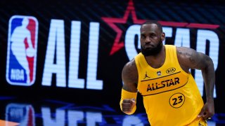 LeBron James plays during the first half of basketball's NBA All-Star Game in Atlanta, Sunday, March 7, 2021.