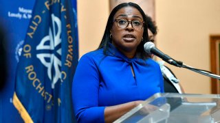 FILE- In this Sept. 3, 2020 file photo, Rochester, N.Y. Mayor Lovely Warren addresses the media during a news conference in Rochester, N.Y.