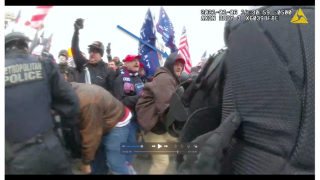 Police bodycam footage shared with FBI investigators that allegedly shows Massachusetts resident Troy Sargent at the Jan. 6, 2021, Capitol Riot in Washington, D.C.