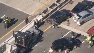 A crash tied up traffic on Route 1 in Revere, Massachusetts, on Monday, March 15, 2021.