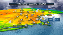 A map showing the "feels like" forecast for Saturday, April 10, 2021, in New England