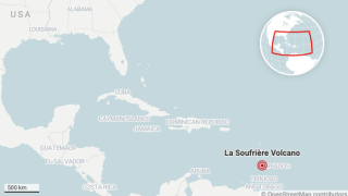 A map showing the location of the La Soufrière volcano on St Vincent, an island in the Caribbean.