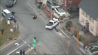 A crashed Dodge Ram pickup truck in Lowell, Massachusetts